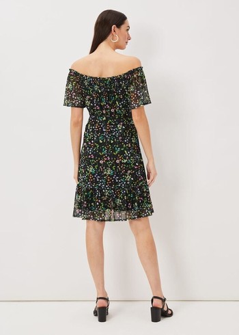 Phase Eight Zaylah Shirred Floral Mesh Dress Black/Multicolor USA | 9427350-QG